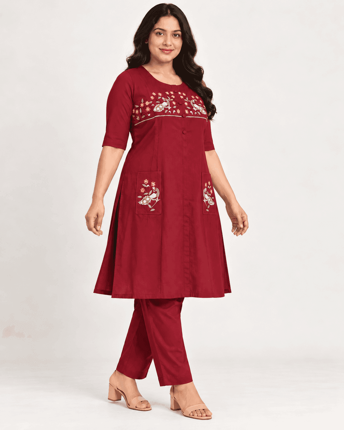 Maroon Bird-and-Floral Embroidered Kurti & Pants Set — 2 Piece, photo 4 of 6