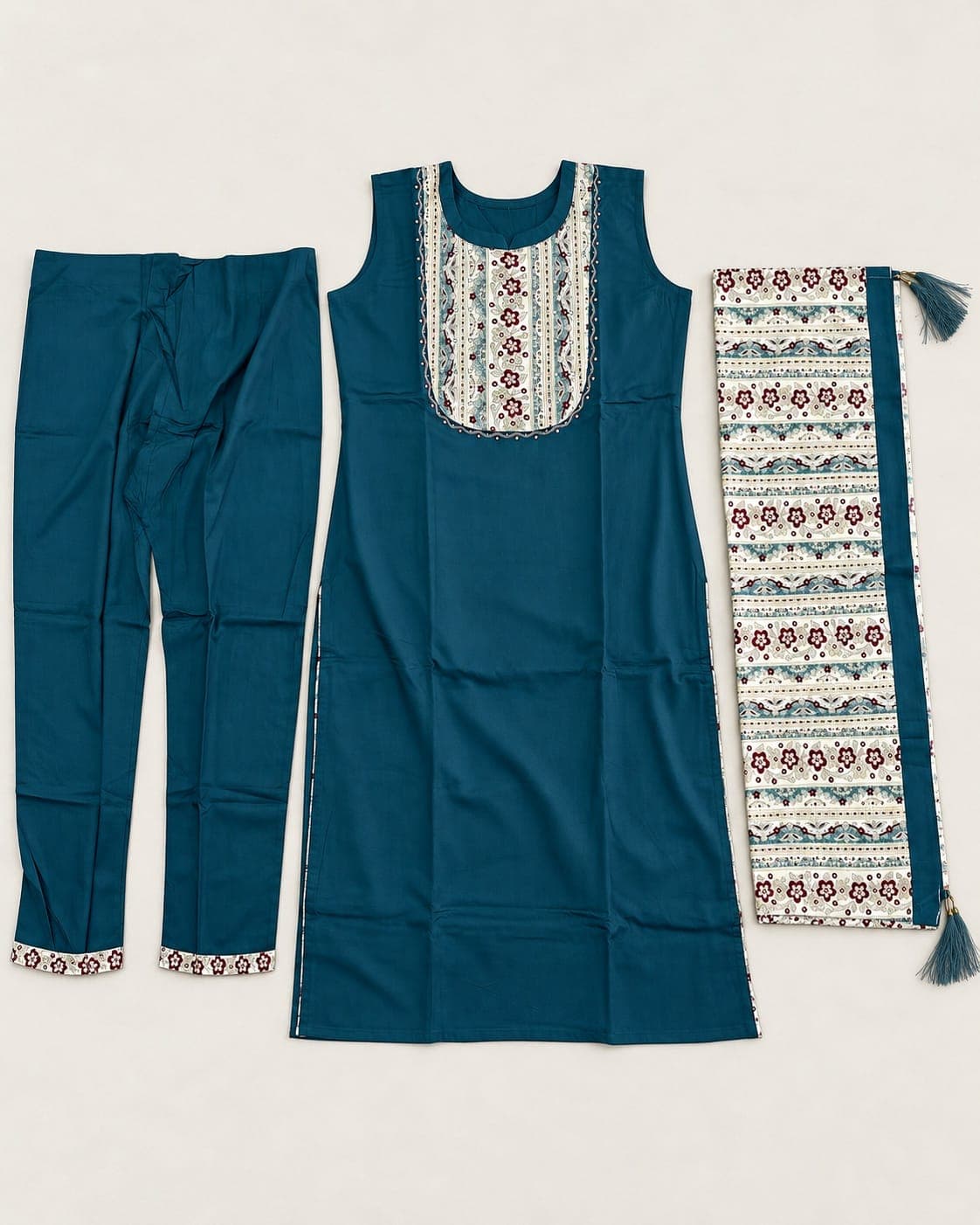 Deep Teal Floral Panel Kurti, Pants & Printed Dupatta Set — 3 Piece, photo 5 of 6