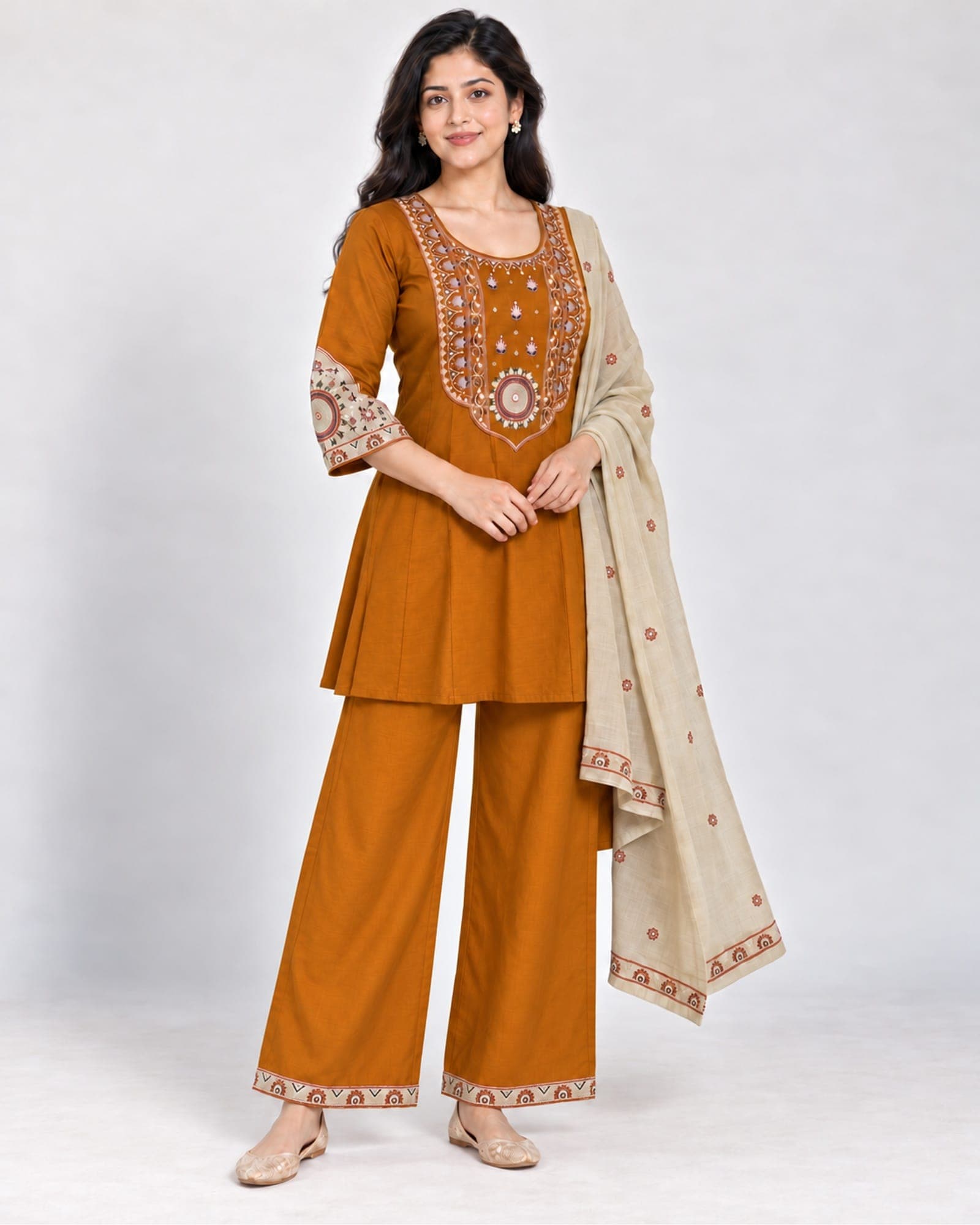 Mustard Embroidered 3-Piece Kurti, Pants & Cream Dupatta Set, photo 2 of 4