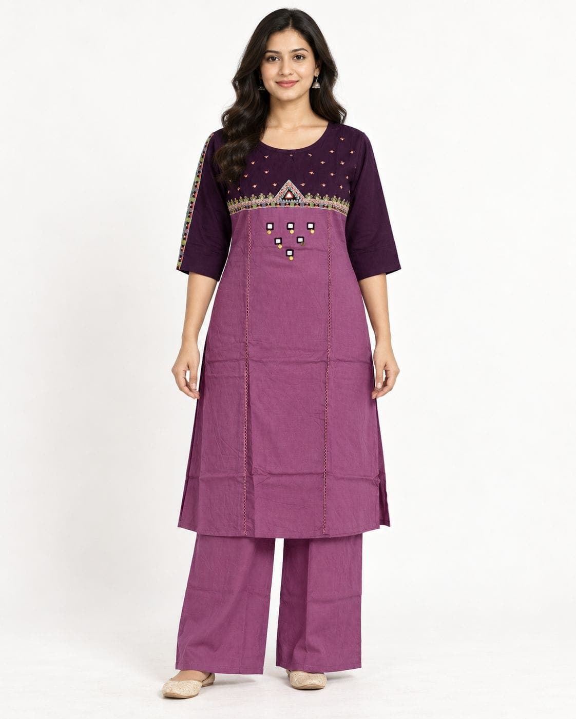 Embroidered Colour-Block Kurti & Palazzo Set — 2 Piece (Pink / Blue)