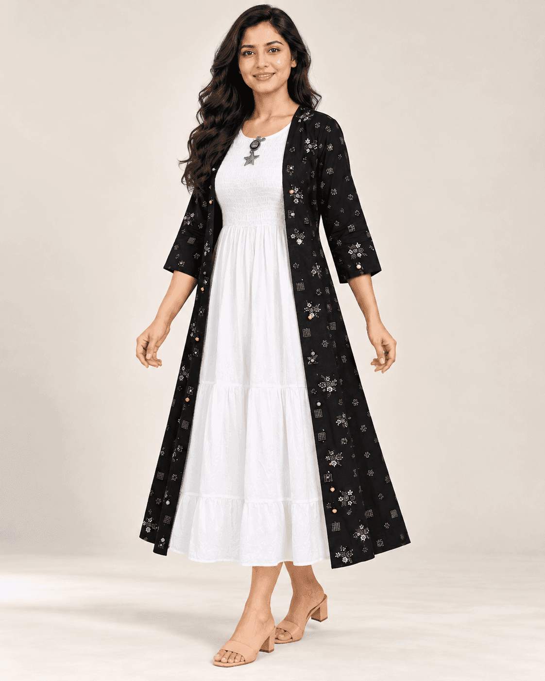 Smocked Inner Dress & Printed Koti — 2-Piece Set (Pink/Charcoal, Black/White), photo 4 of 9