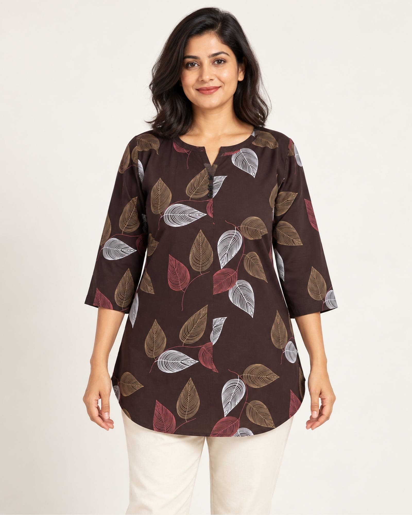 Cotton Printed Short Top Only — Brown Leaf & Dark Pink Geometric Designs