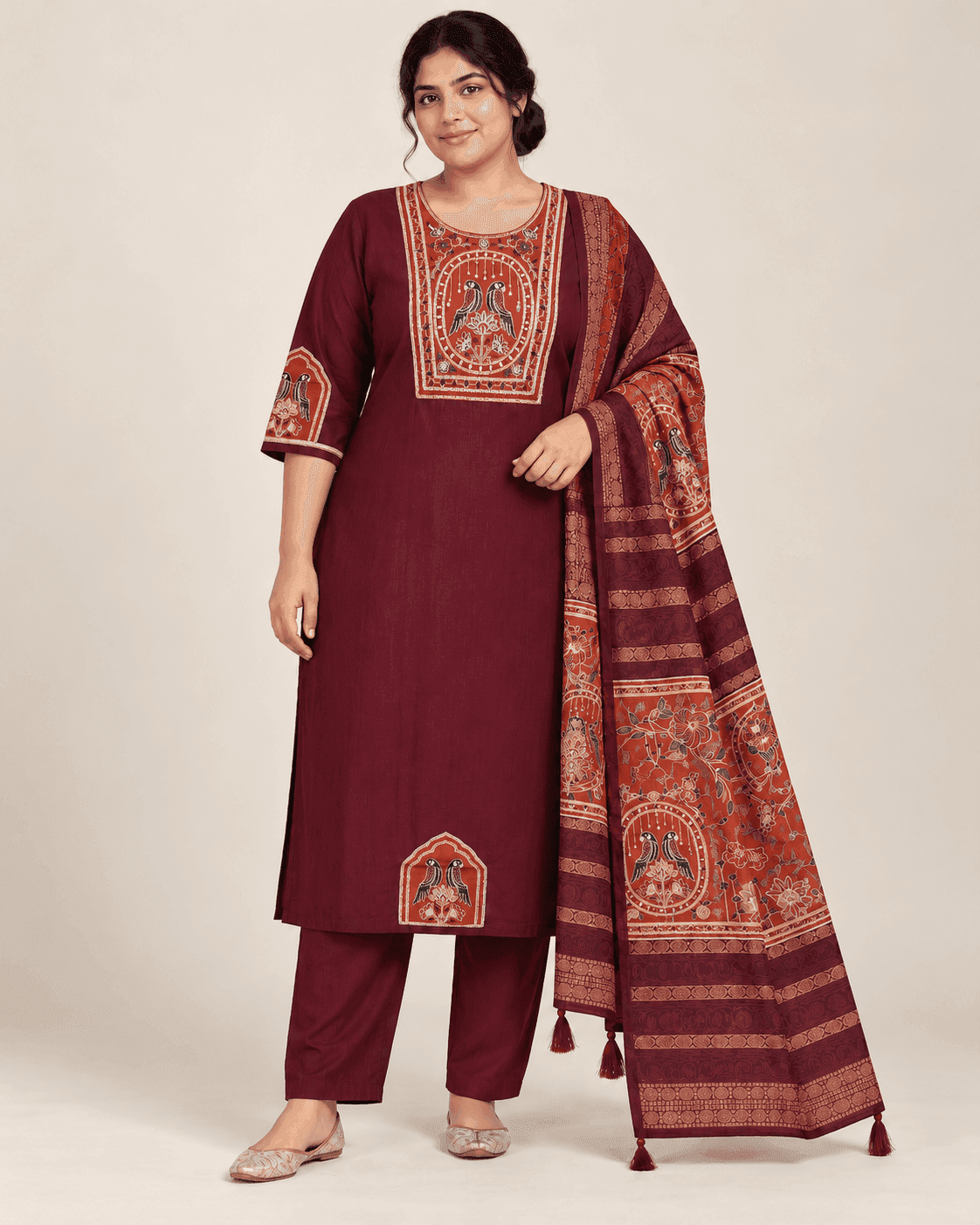 Bird-Motif Embellished Kurti, Pants & Dupatta Set — 3 Piece (Green / Sky Blue / Maroon), photo 3 of 13