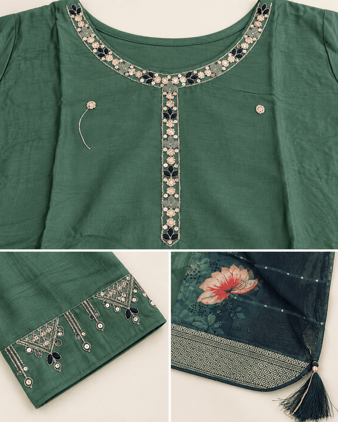 Dark Pista Green Embellished Kurti, Afghan Pants & Floral Dupatta Set — 3 Piece, photo 4 of 4