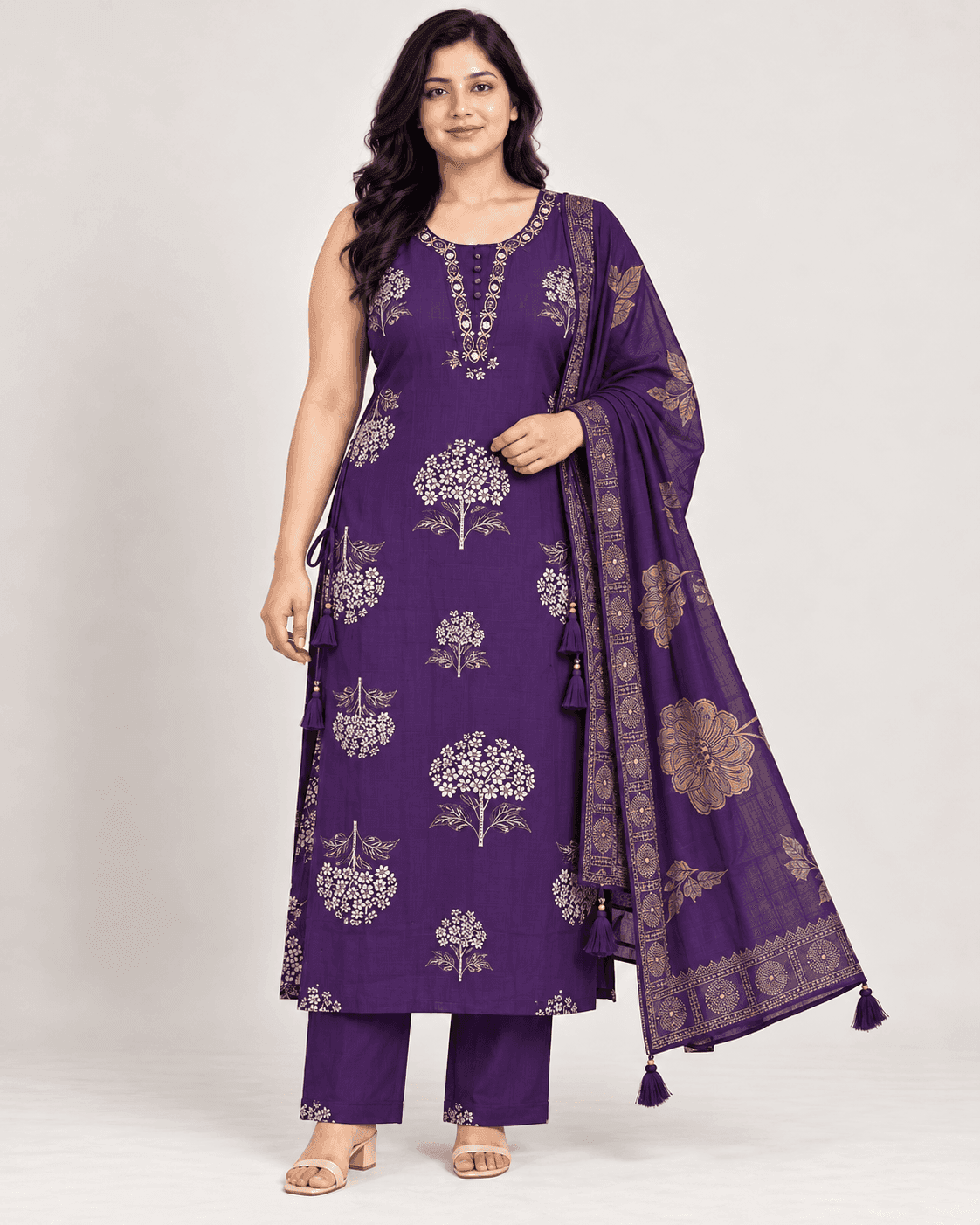 Floral-Tree Printed Long Kurti, Pants & Dupatta Set — 3 Piece (Pista Green / Purple), photo 3 of 13