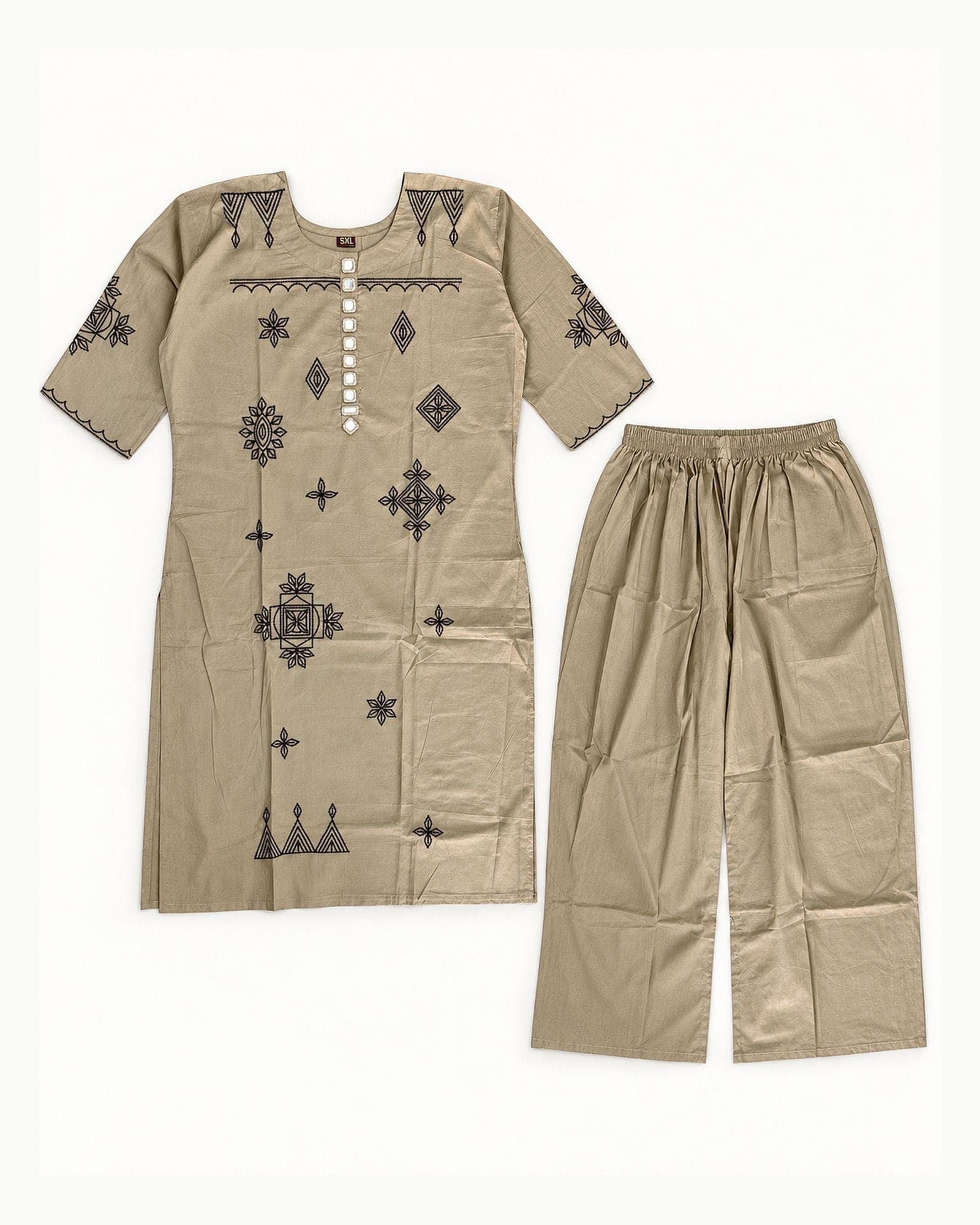 Taupe Beige Geometric Motif 2-Piece Kurti & Straight Pant Set, photo 3 of 4