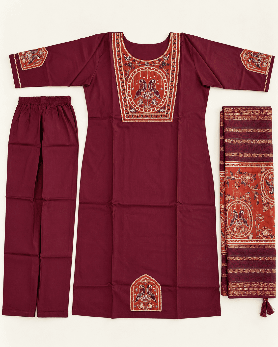 Bird-Motif Embellished Kurti, Pants & Dupatta Set — 3 Piece (Green / Sky Blue / Maroon), photo 9 of 13