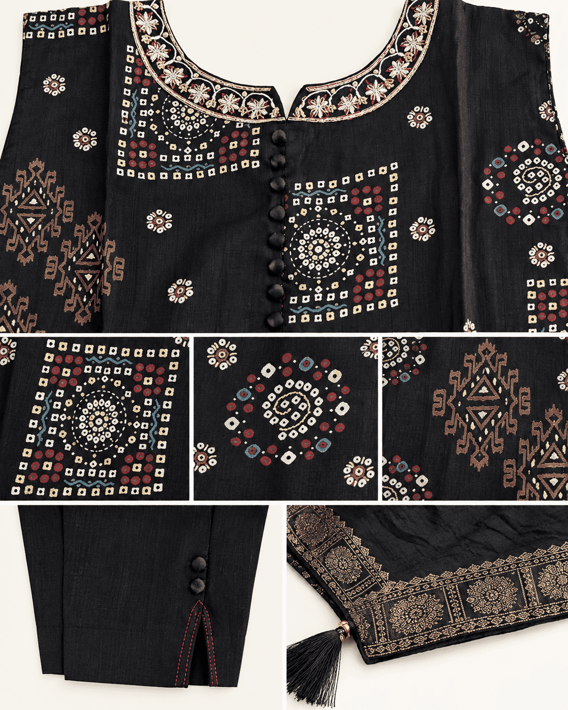 Geometric-Print Long Kurti, Pants & Dupatta Set — 3 Piece (Black / Dark Pink / Pista), photo 12 of 14