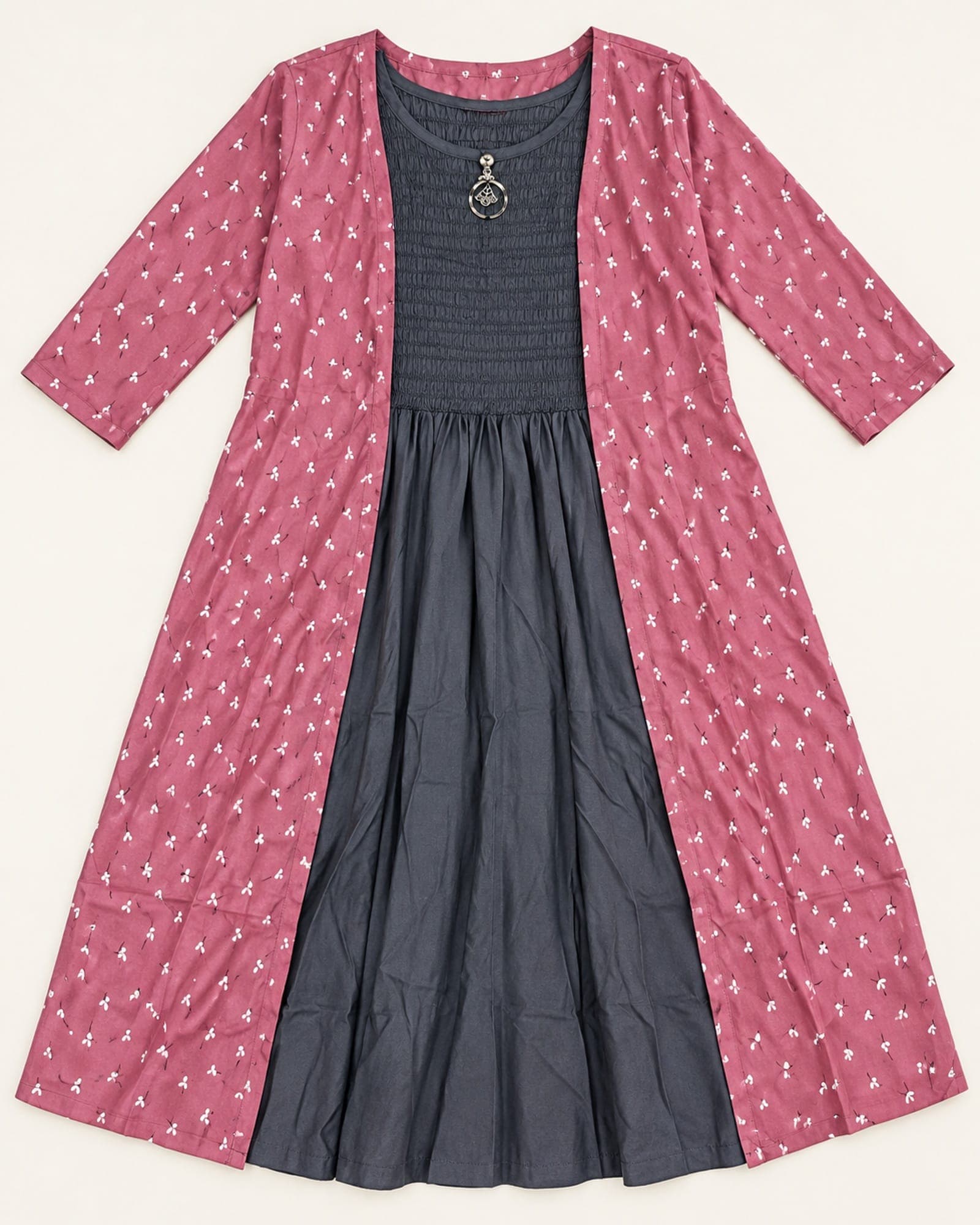 Charcoal Smocked Inner Dress & Pink Printed Koti — 2-Piece Set, photo 3 of 4