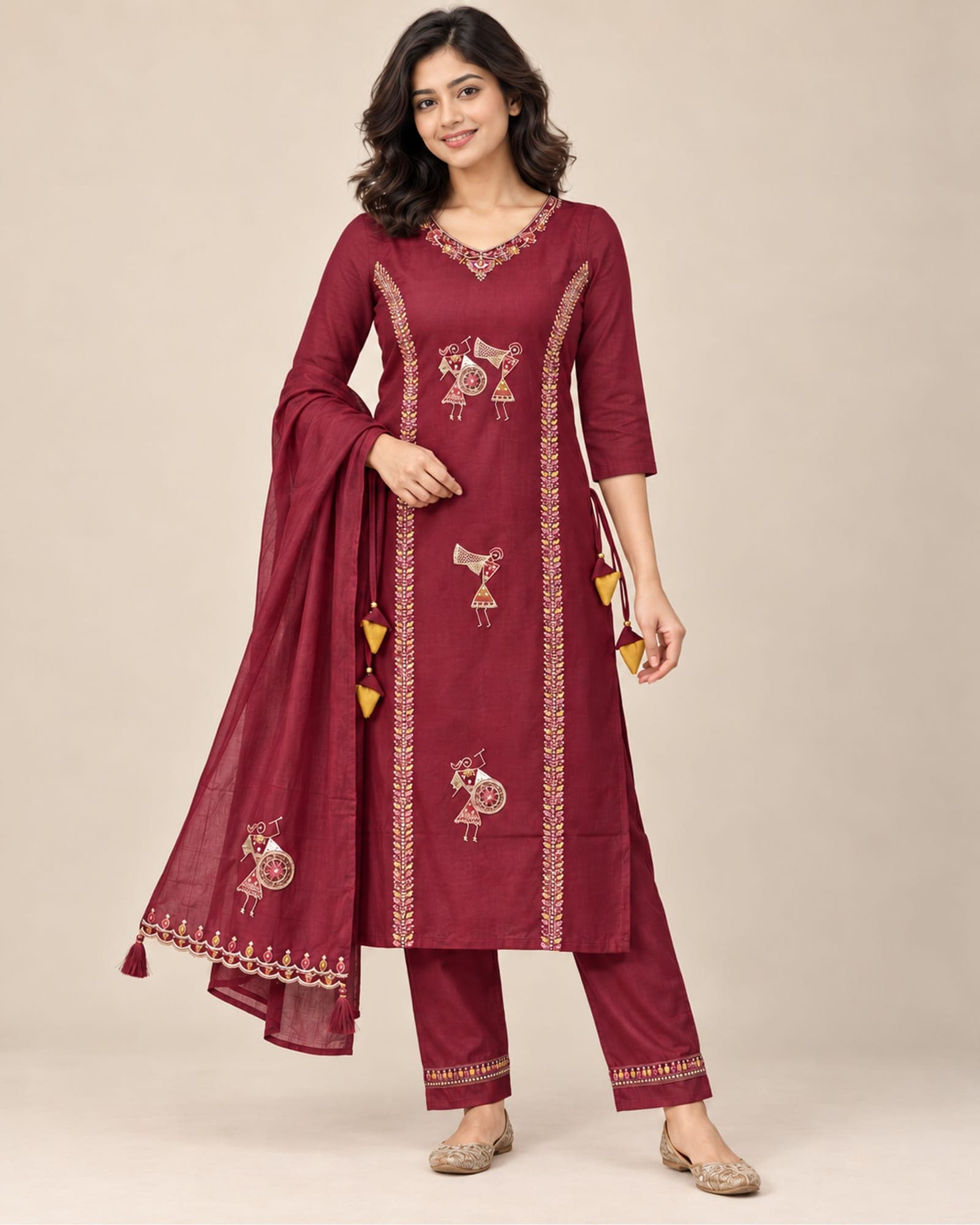 Wine Maroon Musician-Embroidered Kurti, Pants & Dupatta Set — 3 Piece, photo 1 of 6