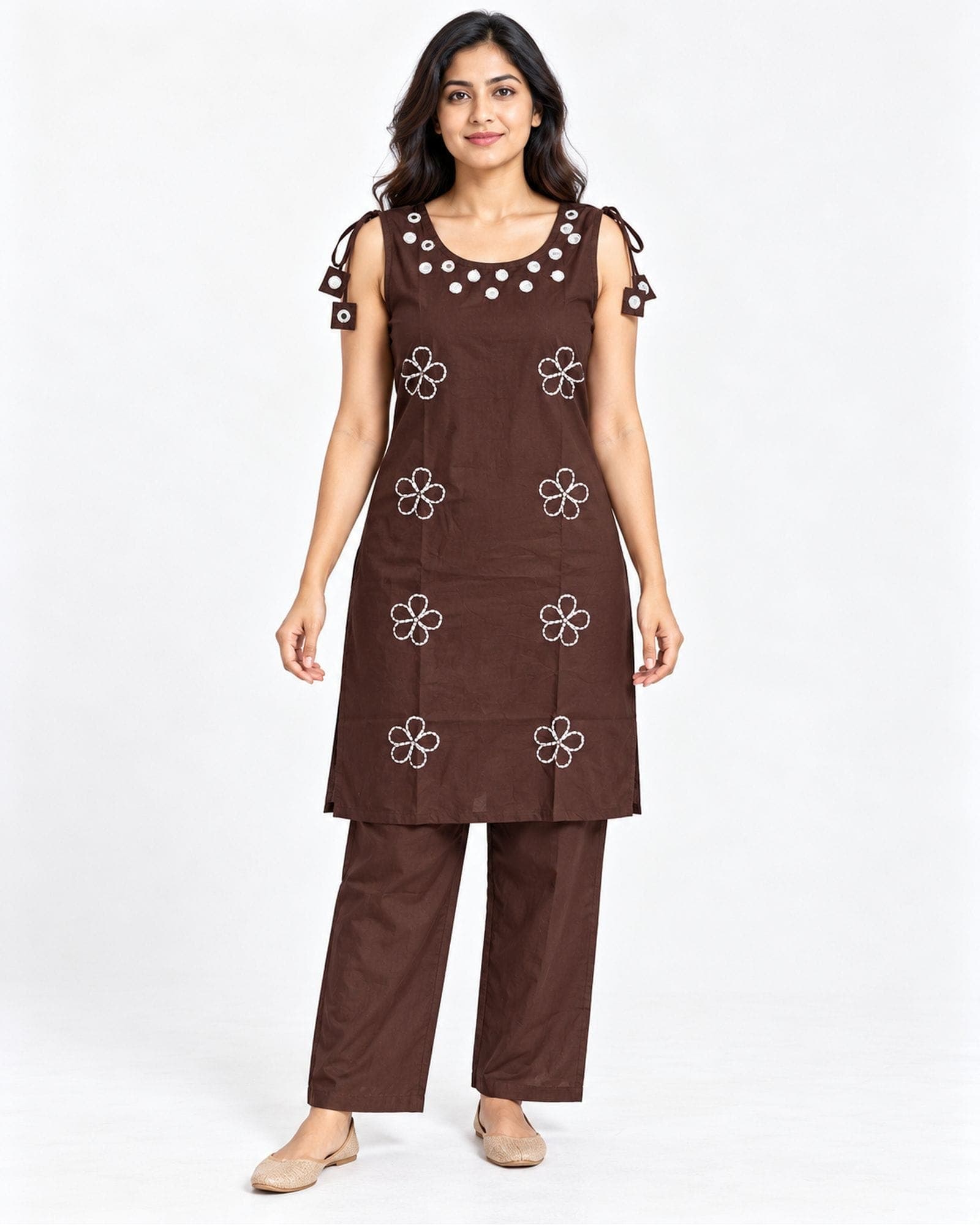 Brown Mirror-Accent Floral Kurti & Pant Set — 2 Pieces