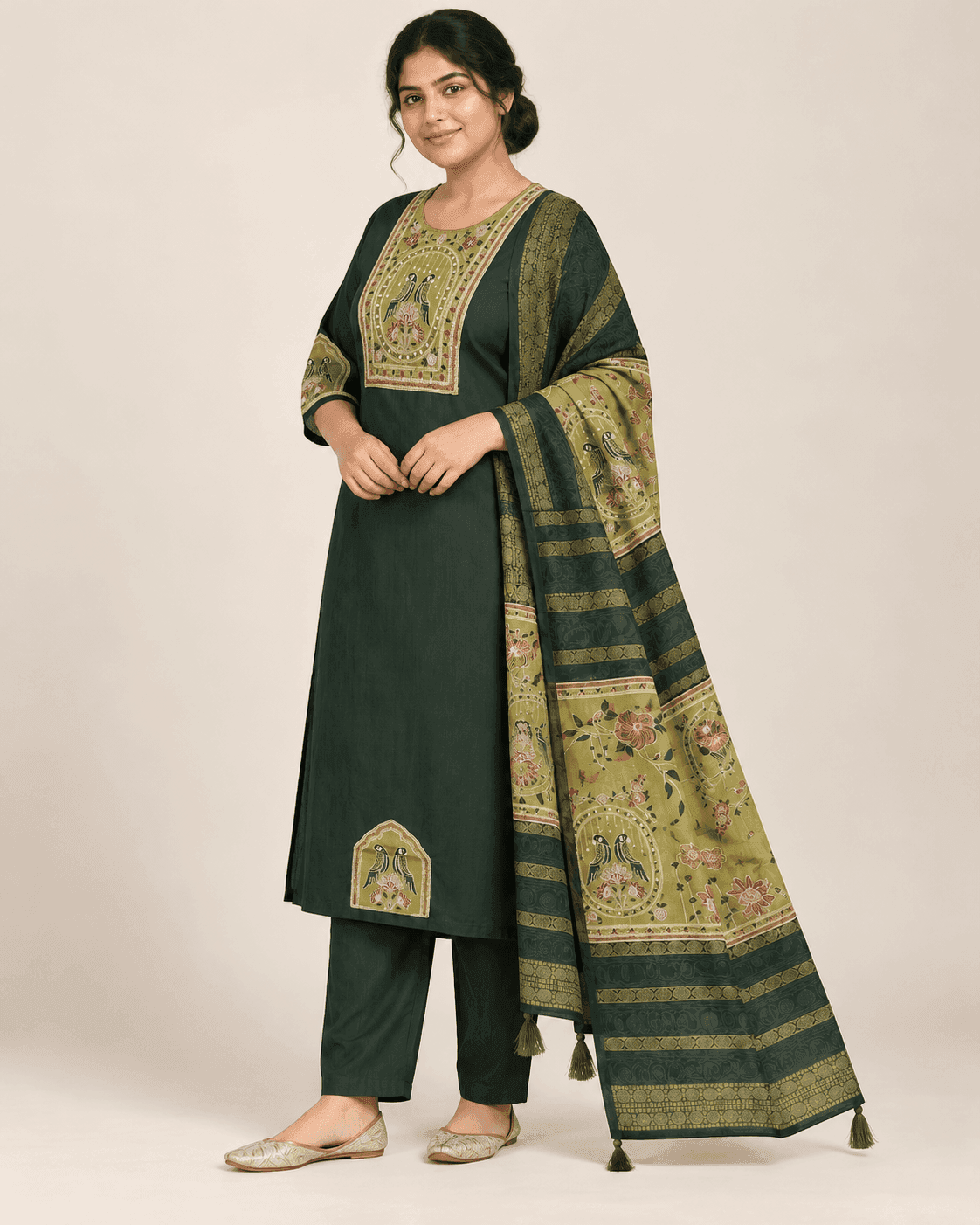 Bird-Motif Embellished Kurti, Pants & Dupatta Set — 3 Piece (Green / Sky Blue / Maroon), photo 4 of 13