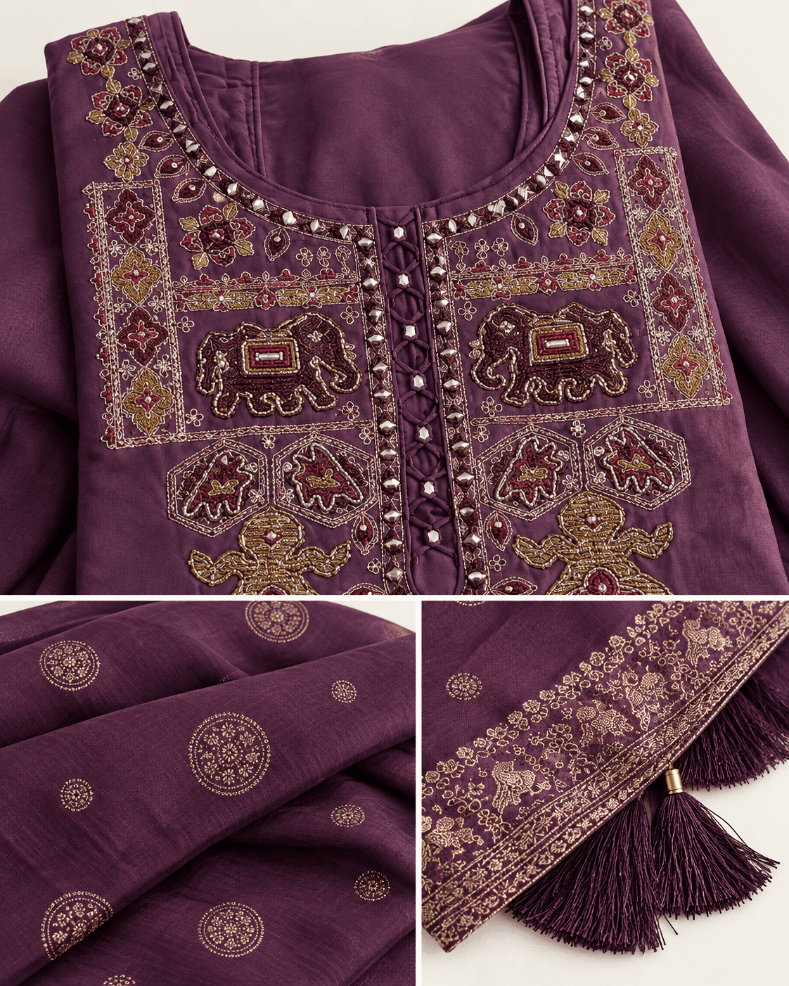 Elephant-Motif Embellished Kurti, Pants & Dupatta Set — 3 Piece (Cream Beige / Purple), photo 12 of 13