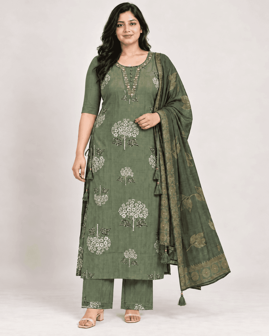 Floral-Tree Printed Long Kurti, Pants & Dupatta Set — 3 Piece (Pista Green / Purple), photo 2 of 13
