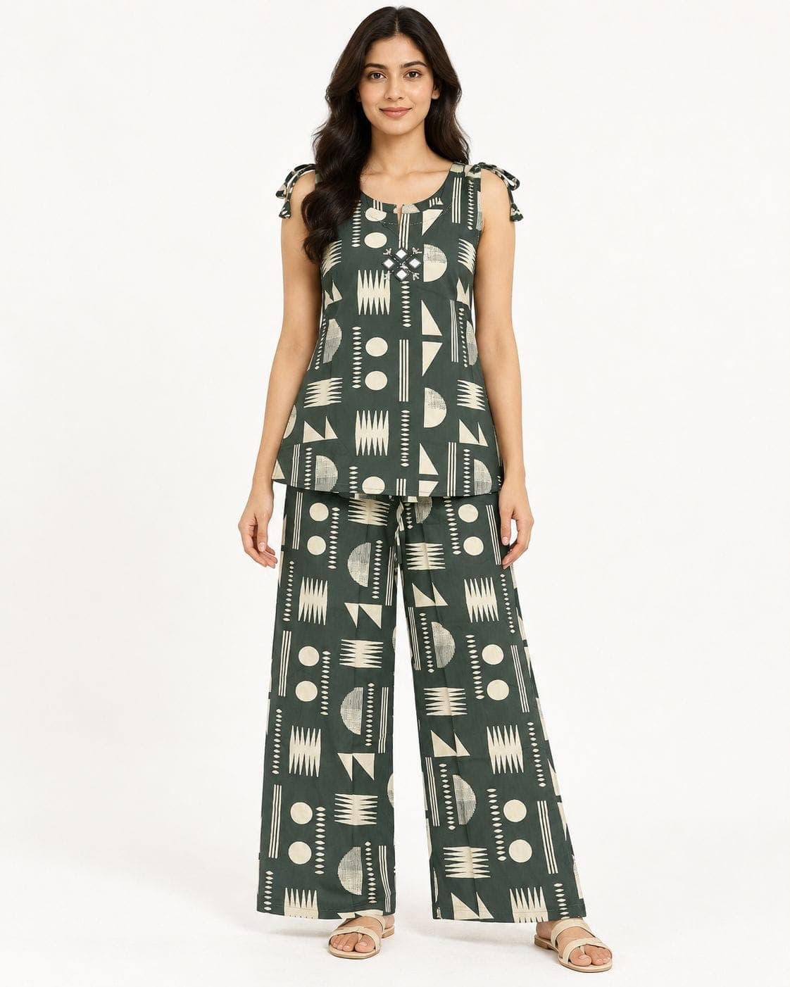 Dark Green Geometric Printed Top & Wide-Leg Pant Set — 2 Piece