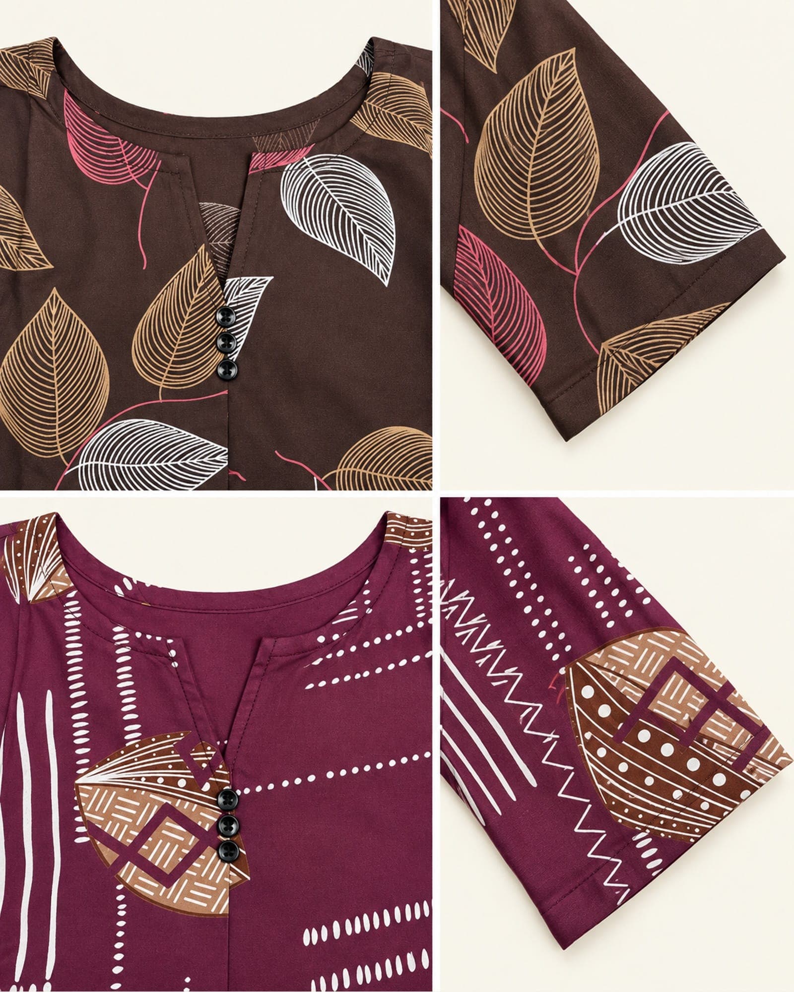 Cotton Printed Short Top Only — Brown Leaf & Dark Pink Geometric Designs, photo 4 of 5
