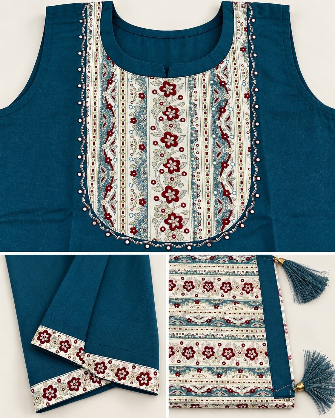 Deep Teal Floral Panel Kurti, Pants & Printed Dupatta Set — 3 Piece, photo 6 of 6