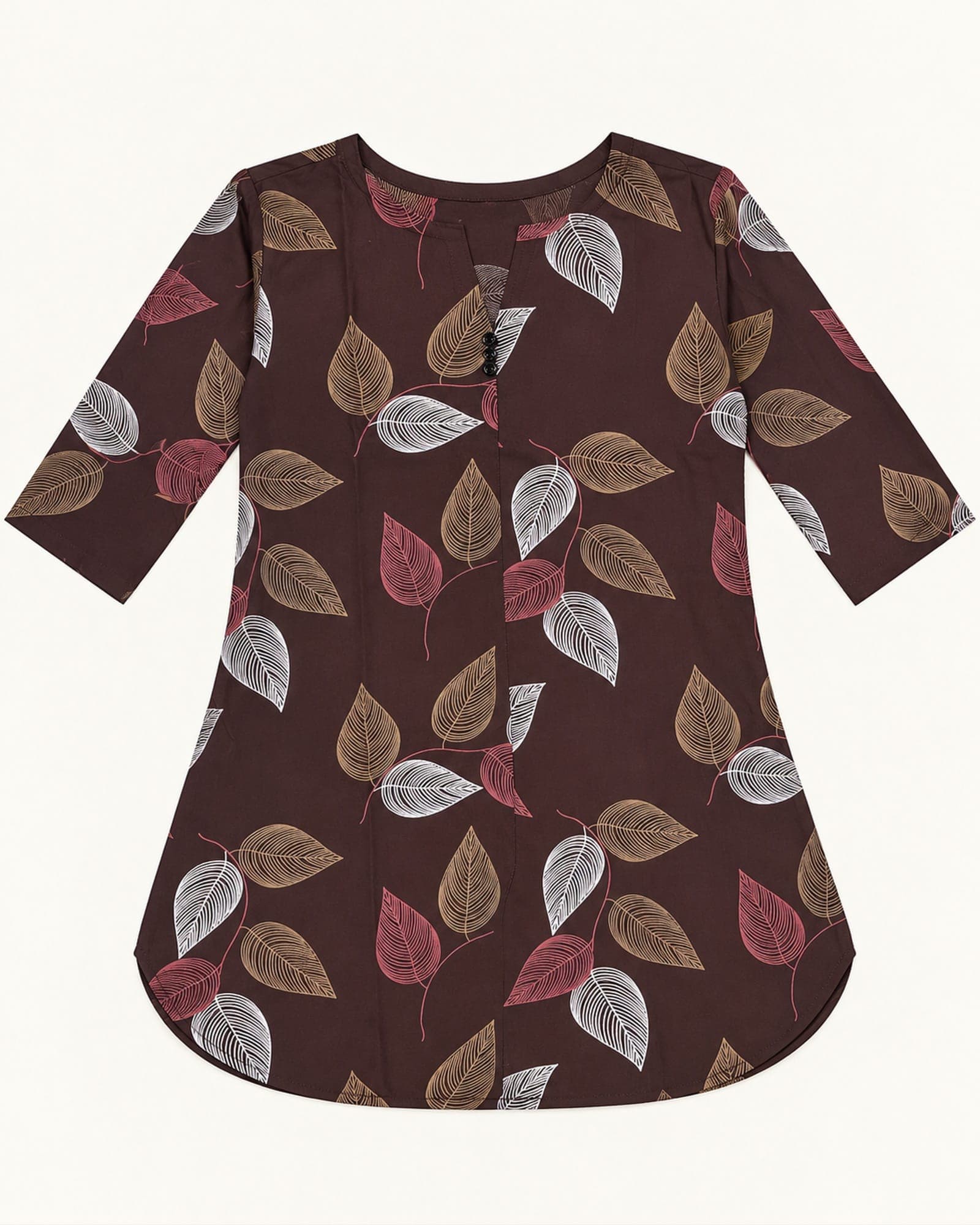 Cotton Printed Short Top Only — Brown Leaf & Dark Pink Geometric Designs, photo 3 of 5