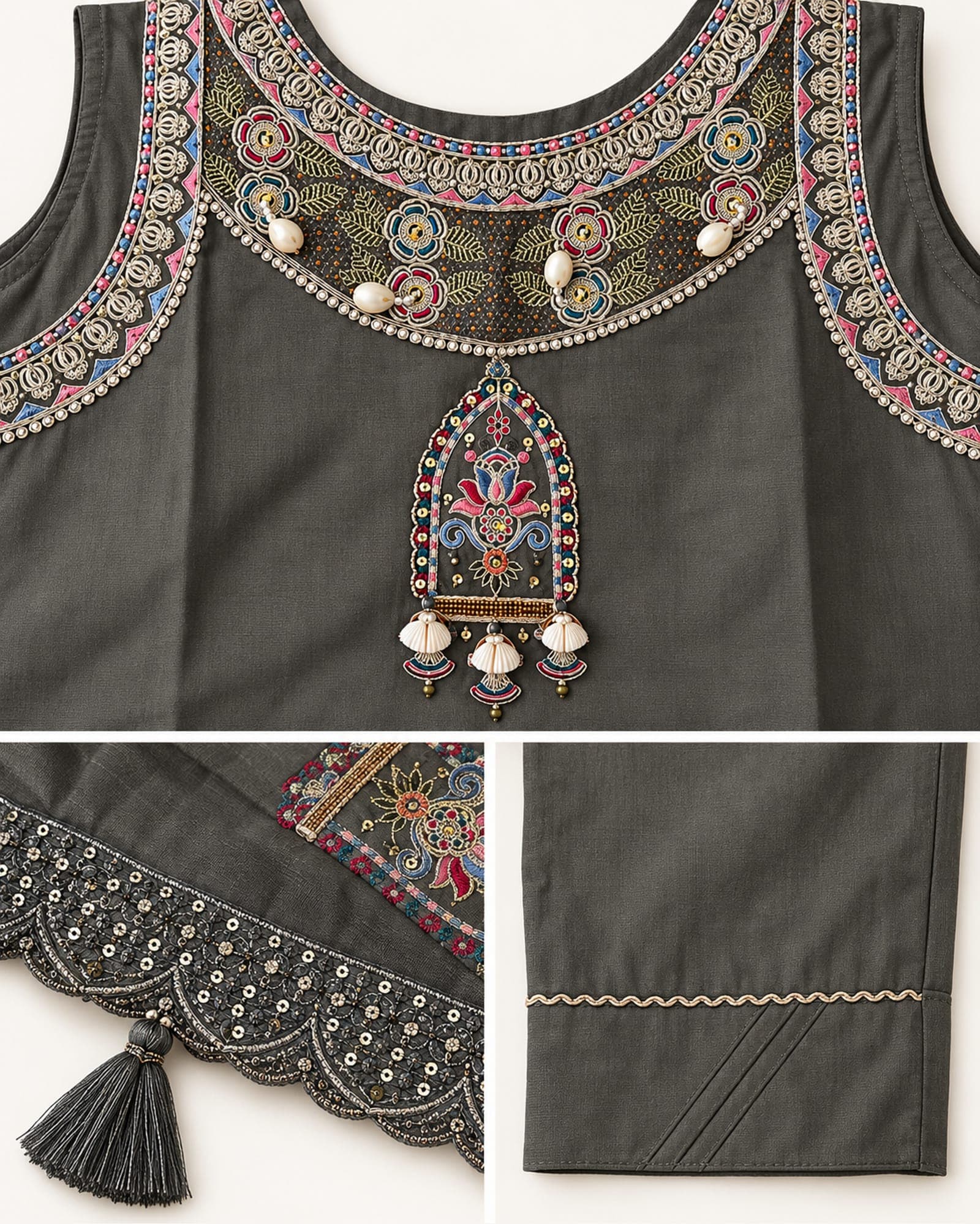 Charcoal Grey Embroidered Kurti, Straight Pants & Dupatta Set — 3 Piece, photo 8 of 8