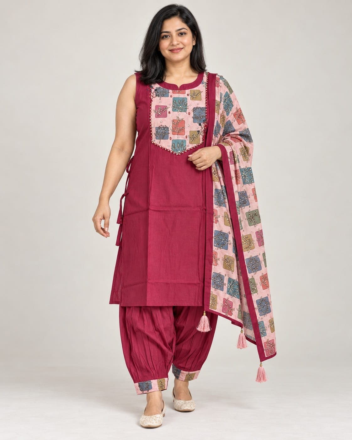 Deep Pink Panel Kurti, Afghan Pants & Printed Dupatta Set — 3 Piece